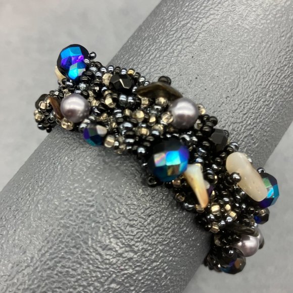 Seed Bead Wrap Bracelet Blue Silver Grey White Pearl Stone Chip Iridescent Loop - Picture 4 of 7